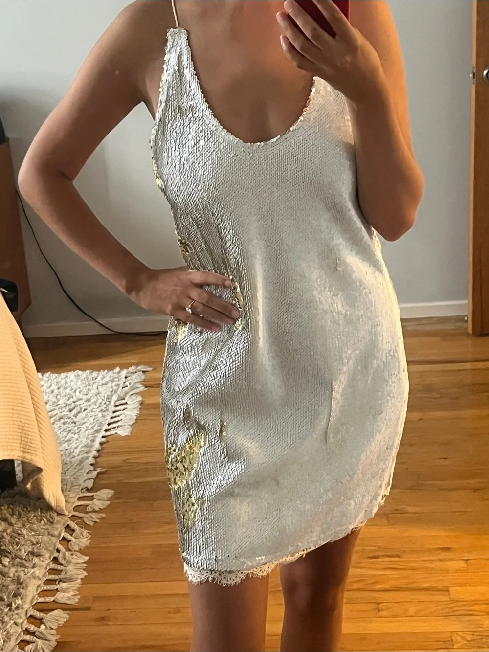 Free People White Sequin Slip Dress with Gold Accents